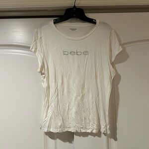 bebe White Short Sleeve Logo Tee with Rhinestone Detail